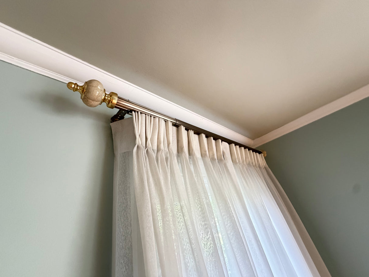 Pinch-Pleat Sheer Drapery Set, 2 Panels w/ Wood Rod & Brass/Marble