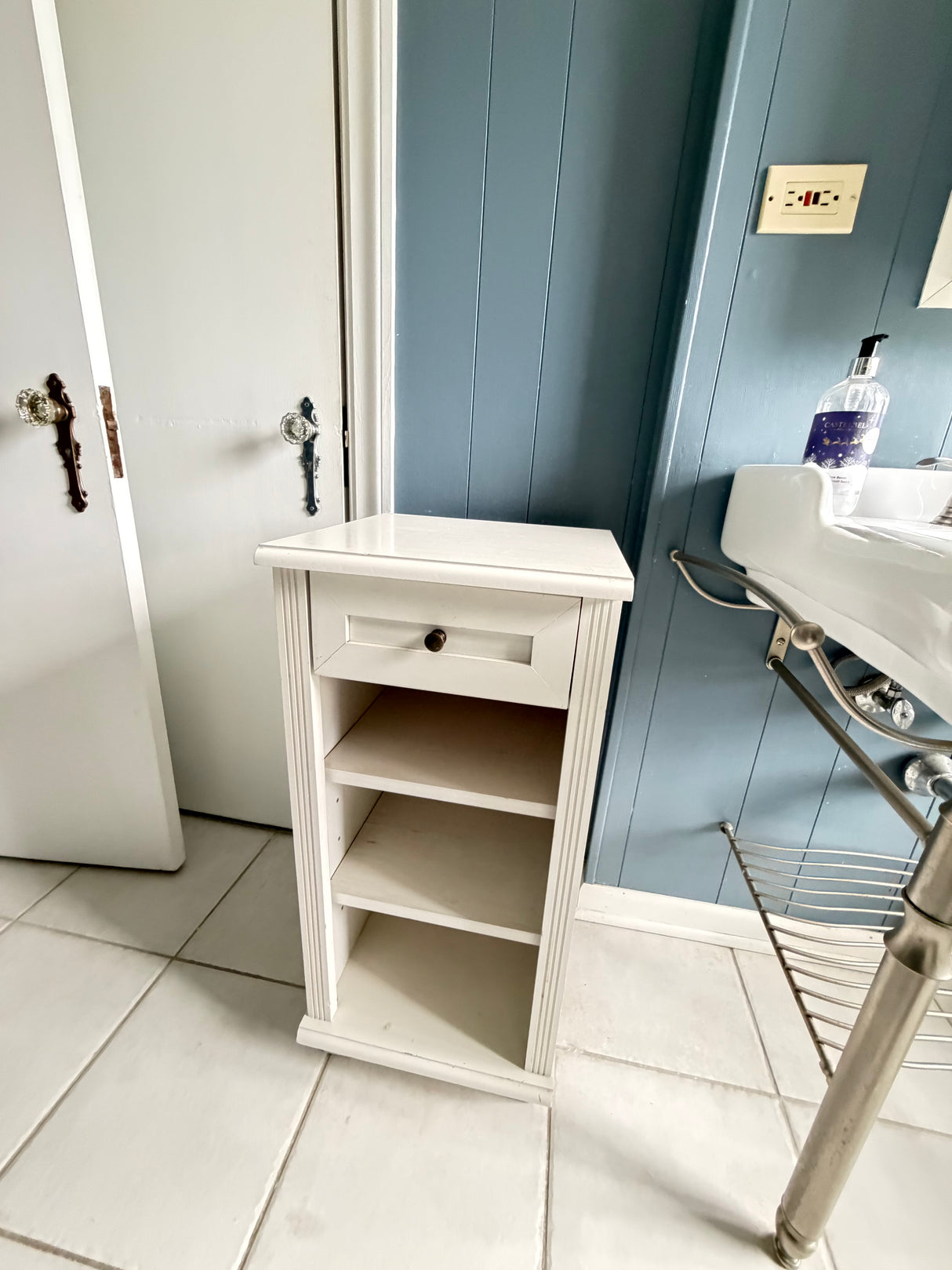 White Accent Side Table / Nightstand, 1 Drawer + Open Shelves