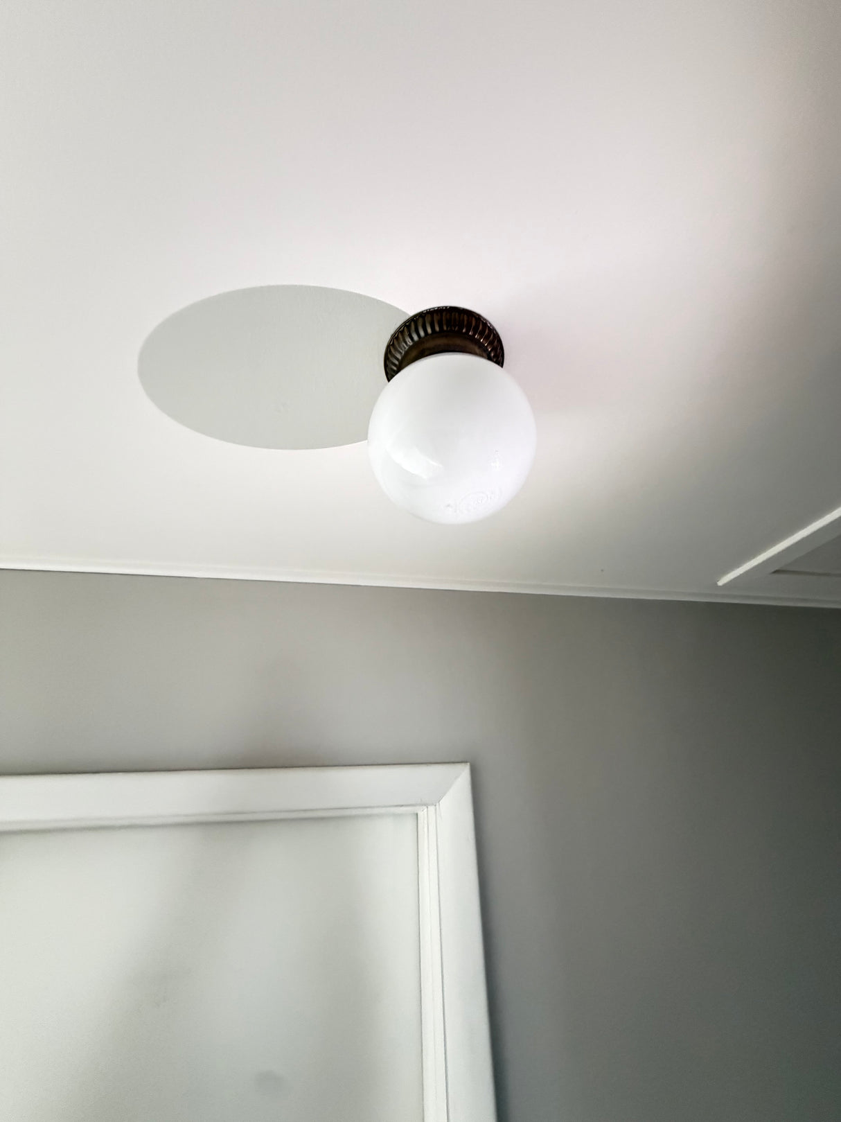 Vintage Brass Semi-Flush Ceiling Light, Milk Glass Globe