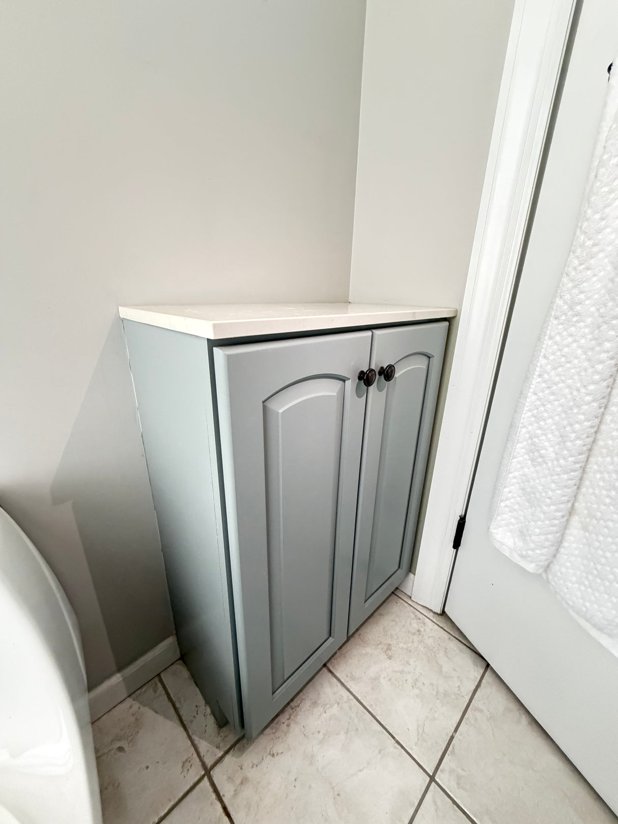 Gray Raised-Panel 2-Door Bath Storage Cabinet w/ Stone Top