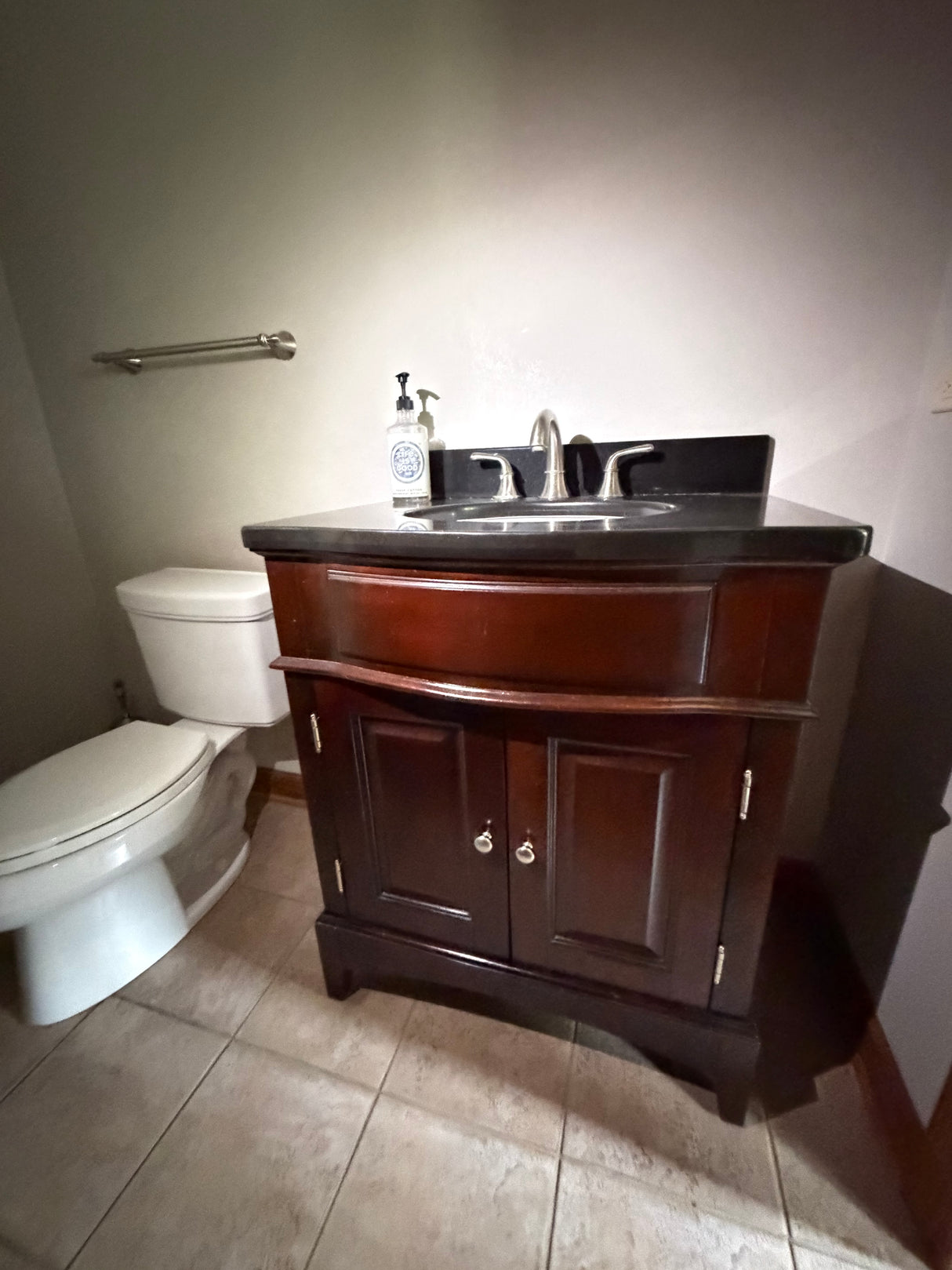 Cherry Wood Single-Sink Vanity, Black Granite Top, ~31in, Faucet Incl., Good