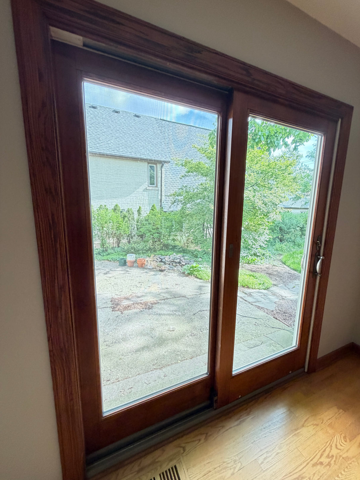 Wood-Framed Sliding Glass Patio Door, ~72×80,