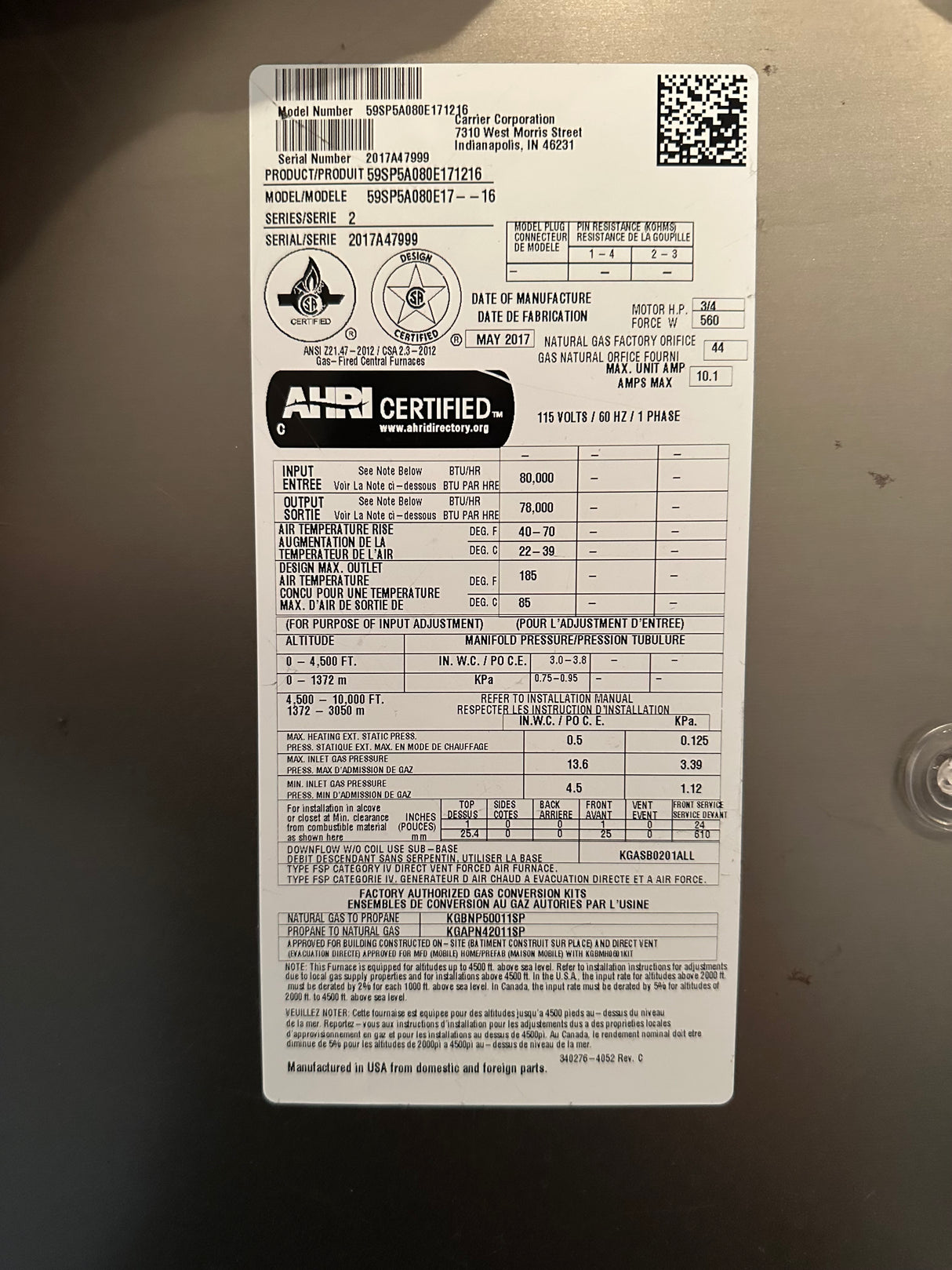 Carrier High-Efficiency Natural Gas Furnace – 80,000 BTU -Working