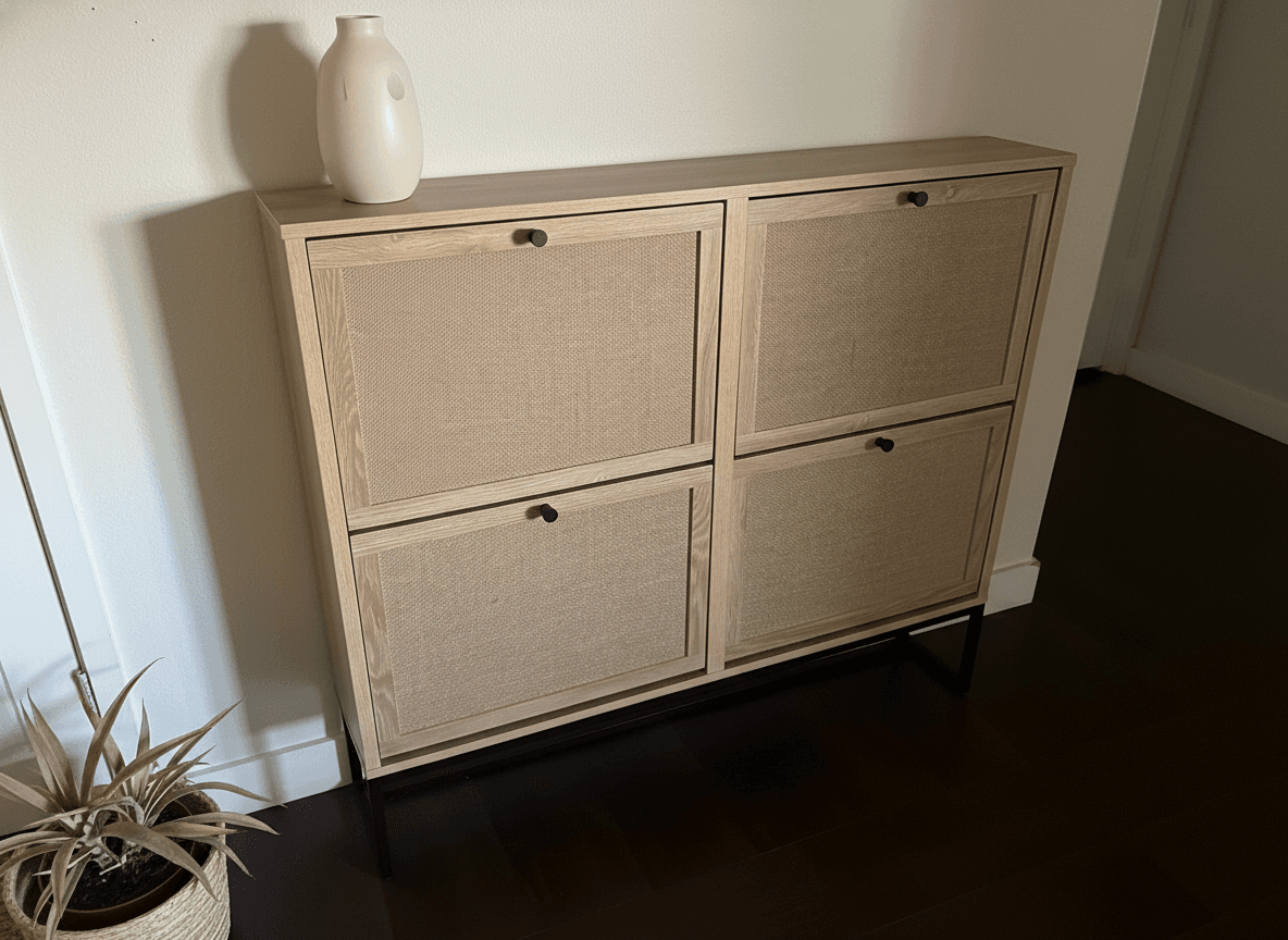 Rattan 2-Drawer Flip Shoe Storage Cabinet, Natural Oak, Good Condition
