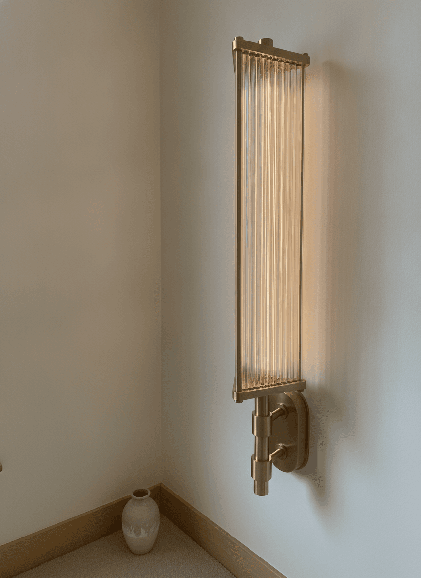Modern Ribbed Glass Rod Wall Sconce, Brass, Bath Vanity Light