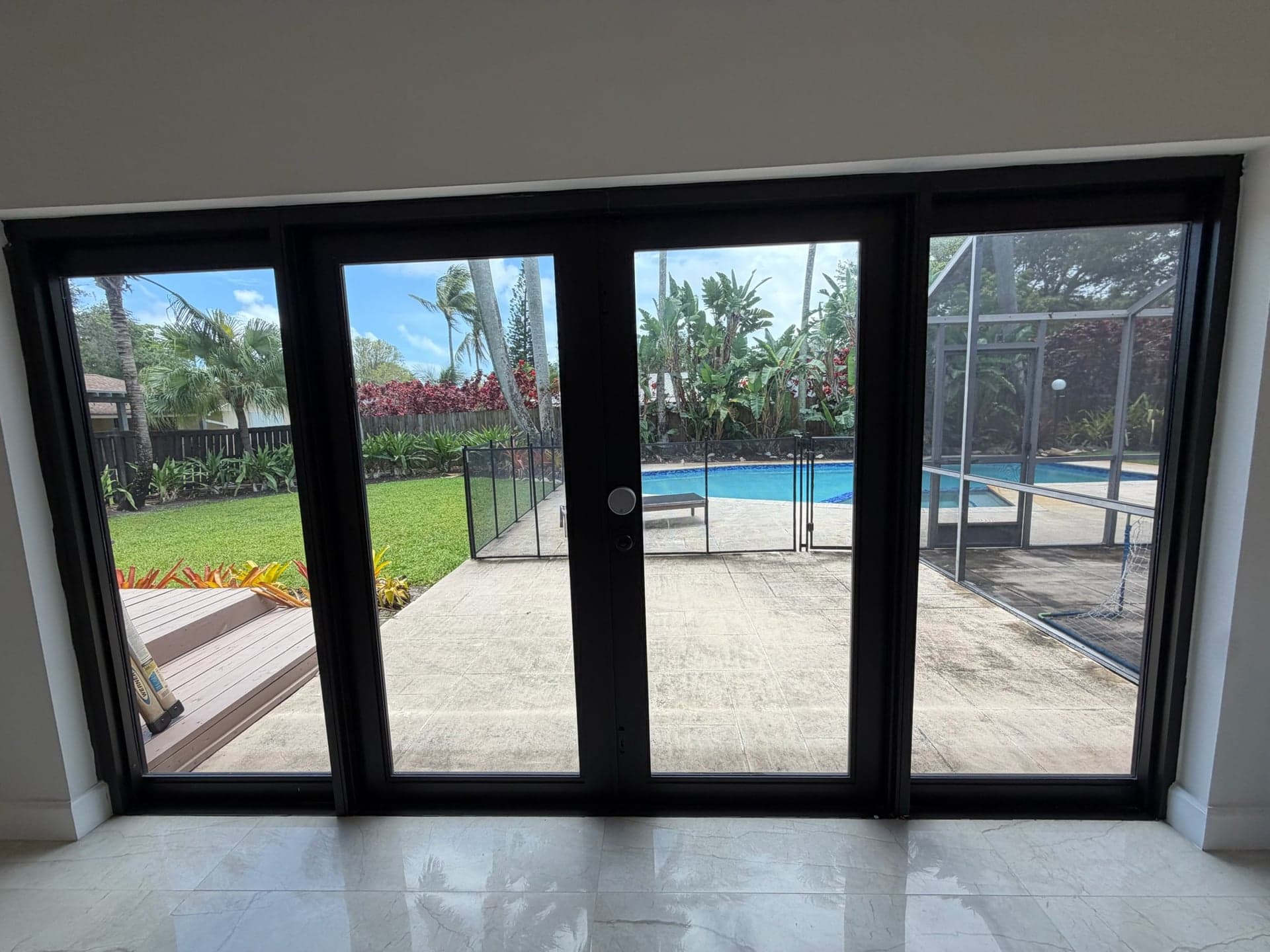 Black French Patio Door w/ 2 Sidelites, 142 3/8 x 80 in, Aluminum/Glass