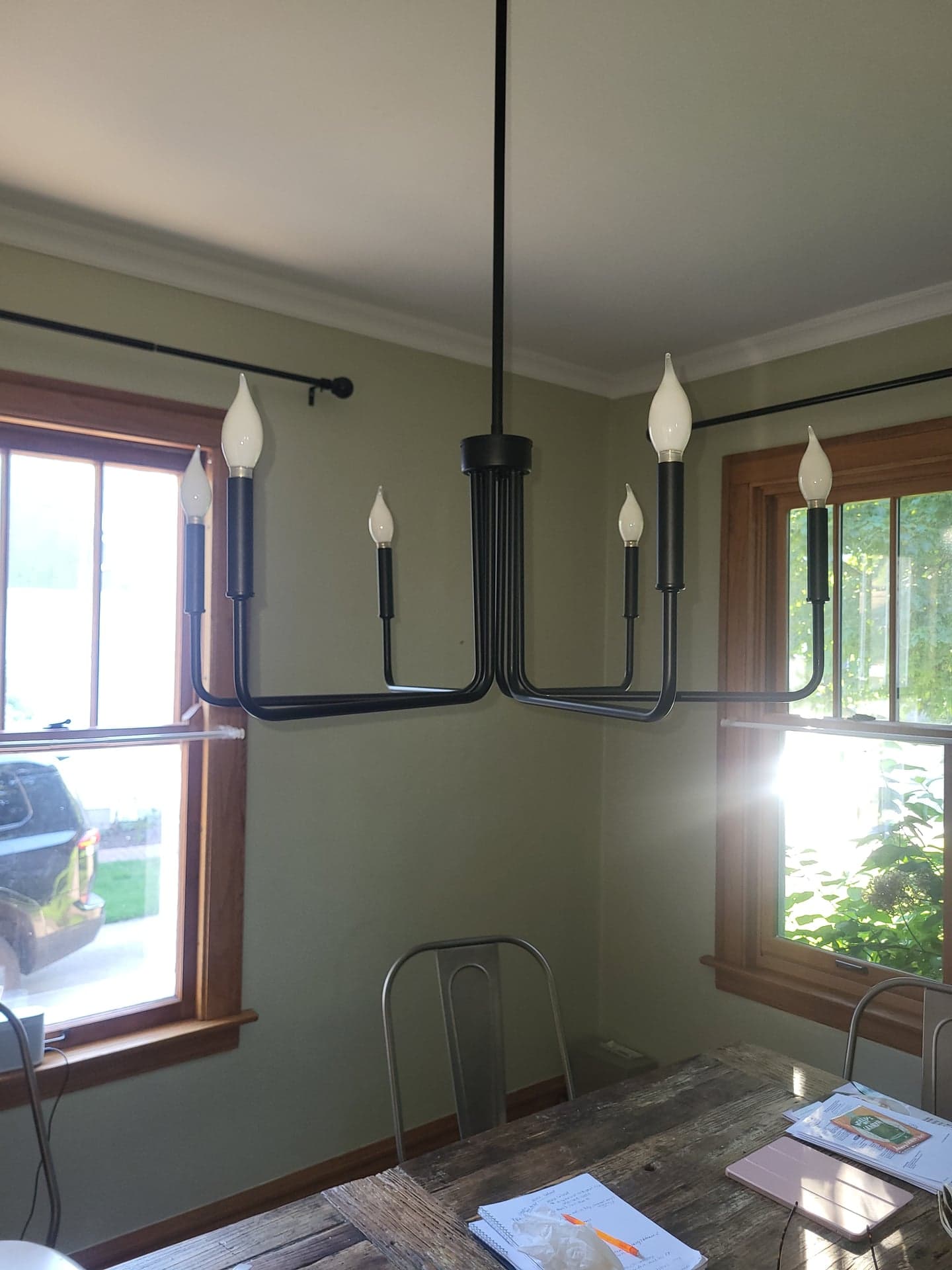6-Light Linear Candle Chandelier, 30" Wide, Matte Black - Excellent
