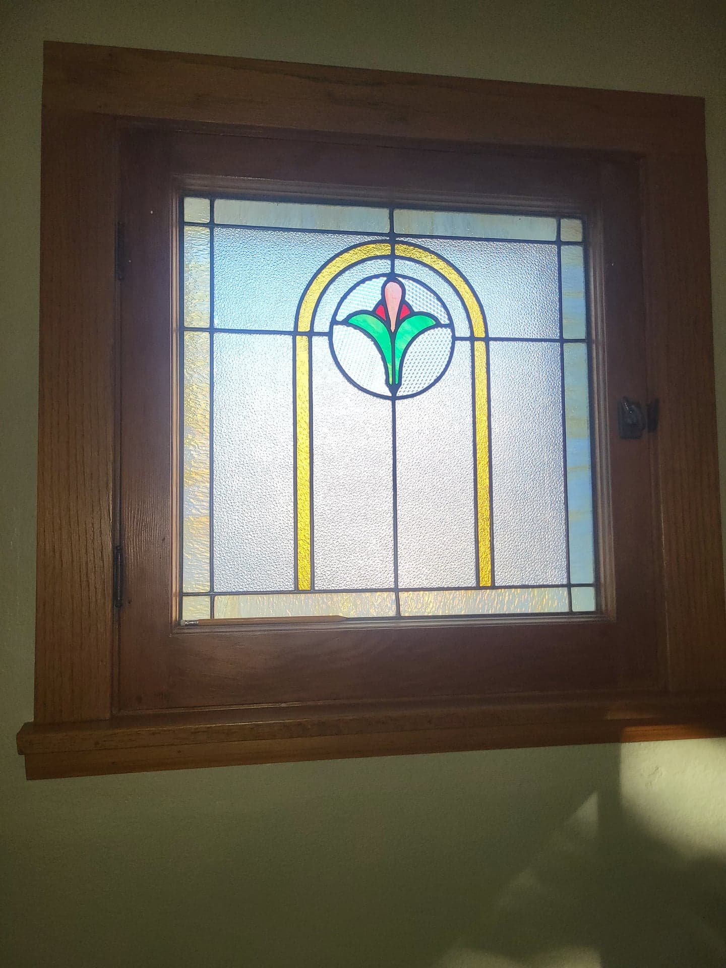 Pair Antique Craftsman Stained Glass Windows, Tulip Motif, Oak Frames