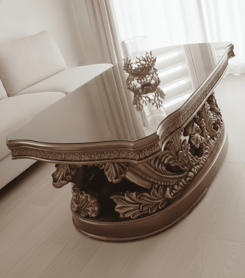 Homey Design Ornate Carved Wood Glass-Top Coffee Table, Gold Accents