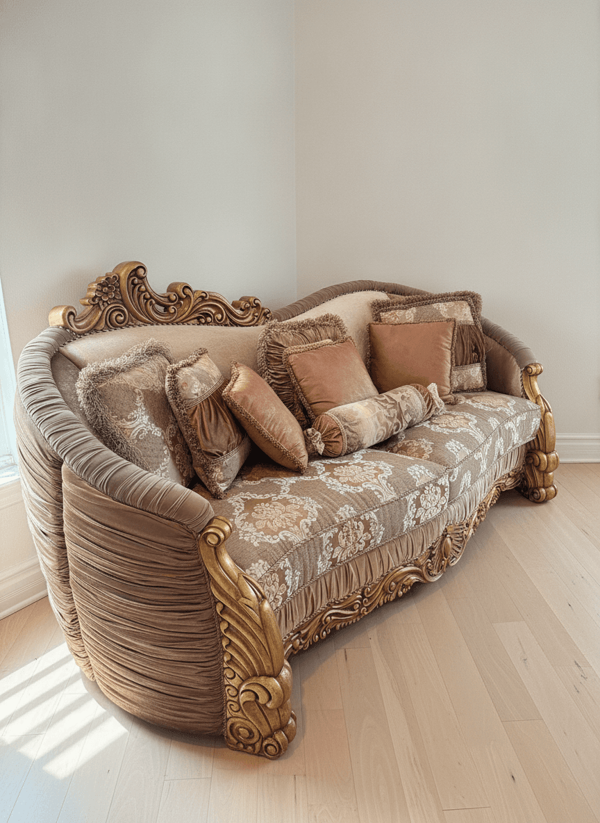 Ornate Baroque-Style Carved Wood Sofa, Gold Finish, Damask Upholstery, Good