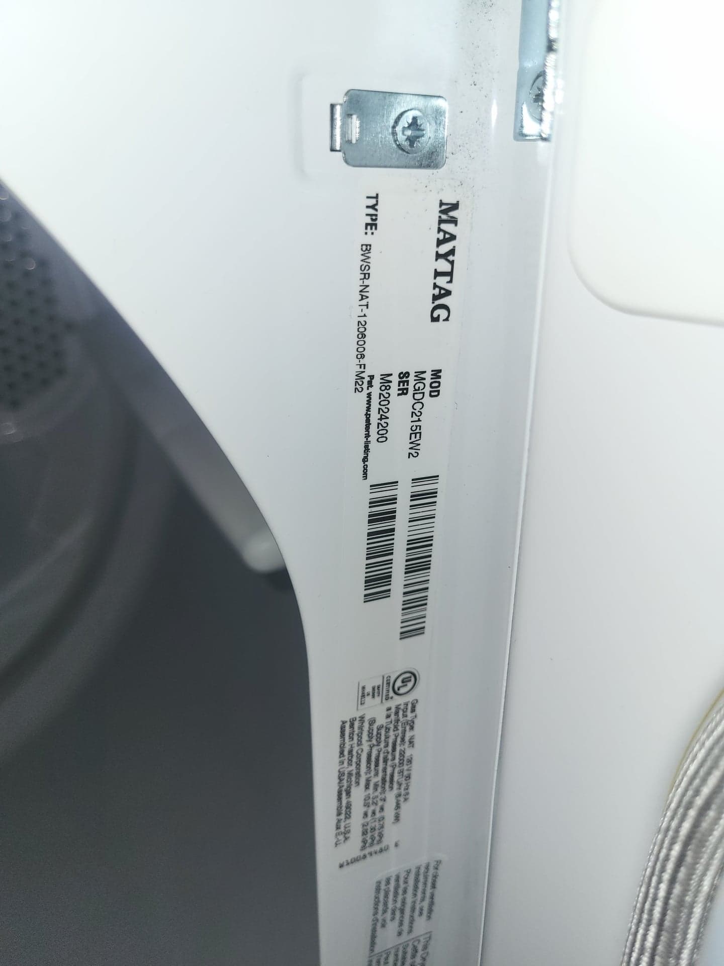 Maytag Centennial 7.0 cu ft Gas Dryer, MGDC215EW2, White