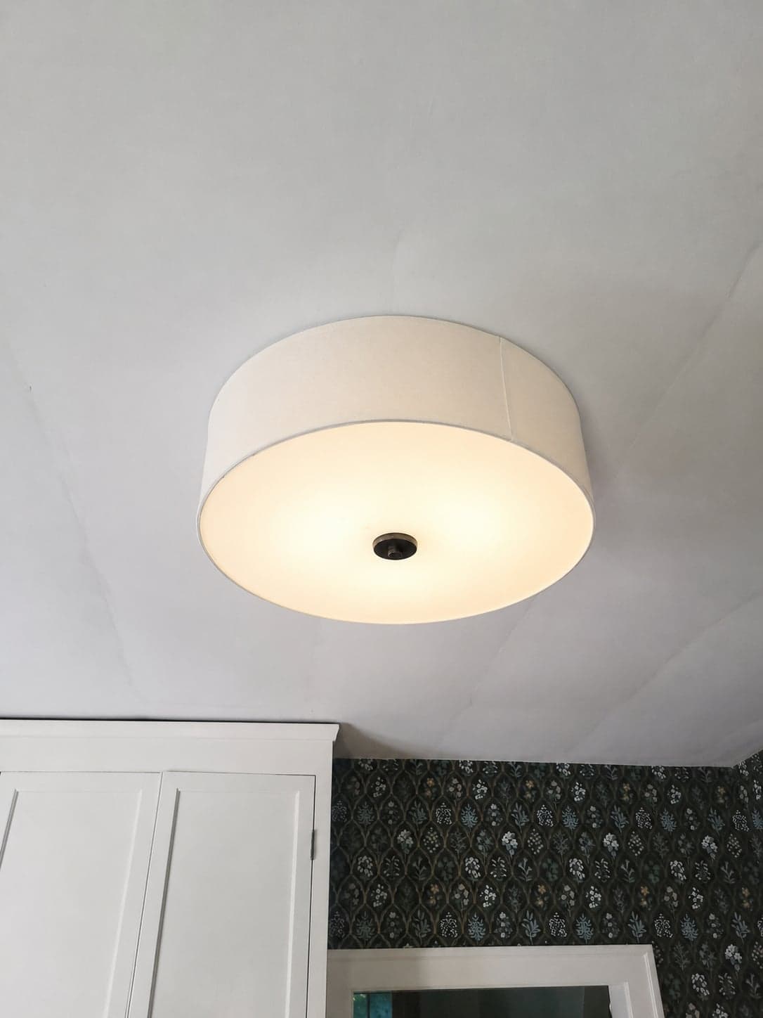Generic 15" White Linen Drum Semi-Flush Ceiling Light, Bronze Accent