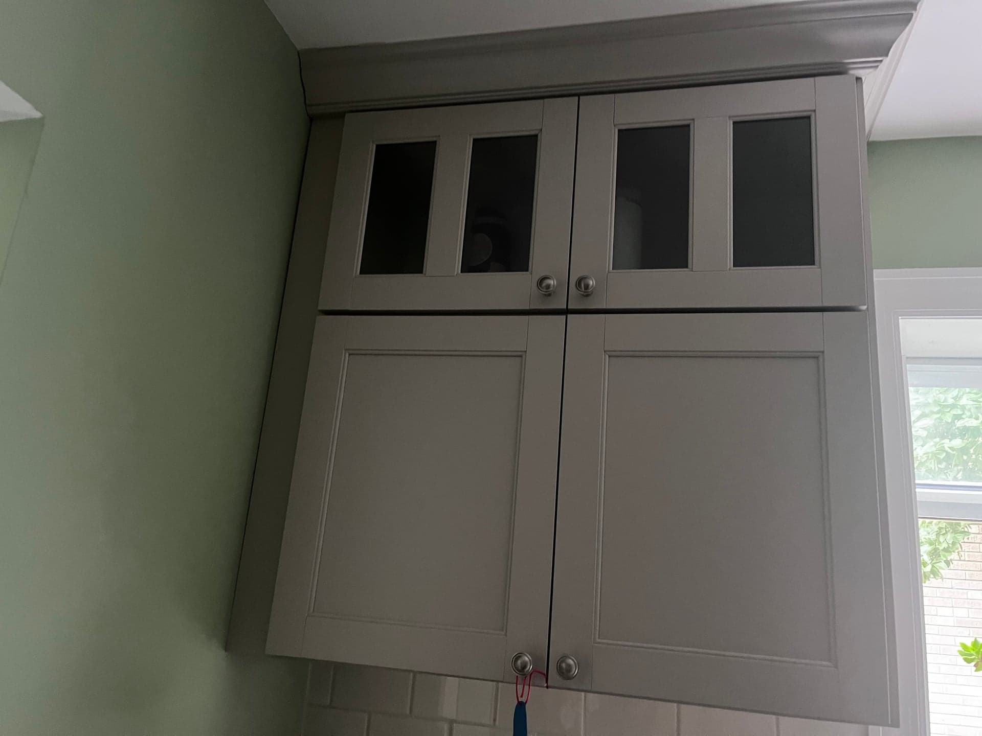 Gray Shaker Wall Cabinet w/ Glass Upper Doors, Crown Molding - Buyer Removes