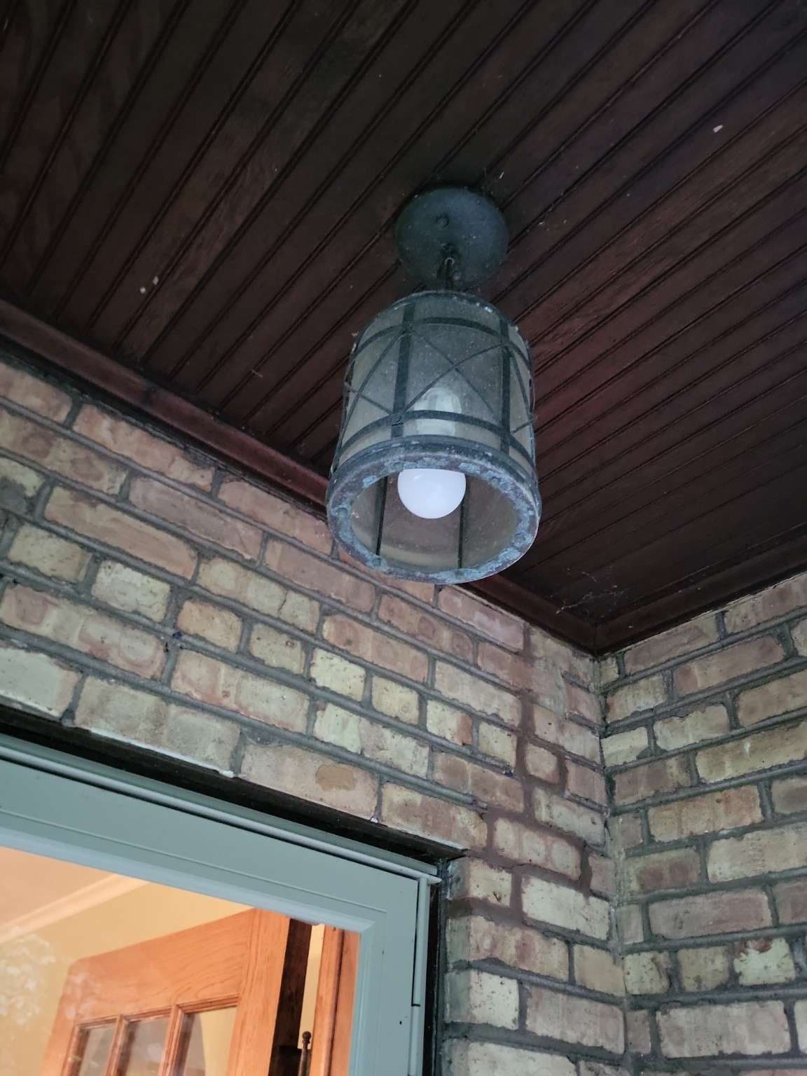 Outdoor Porch Ceiling Light, Caged Lantern, Bronze Finish, Fair Condition