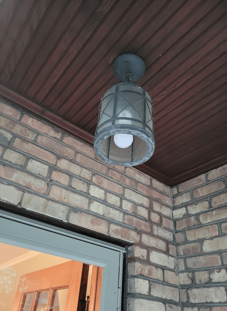 Outdoor Porch Ceiling Light, Caged Lantern, Bronze Finish, Fair Condition
