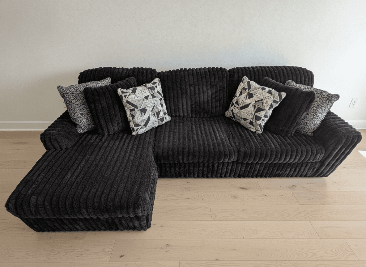 Black Plush Wide-Rib Chenille L-Shape Sectional Sofa, 9 ft, with Accent Pillows