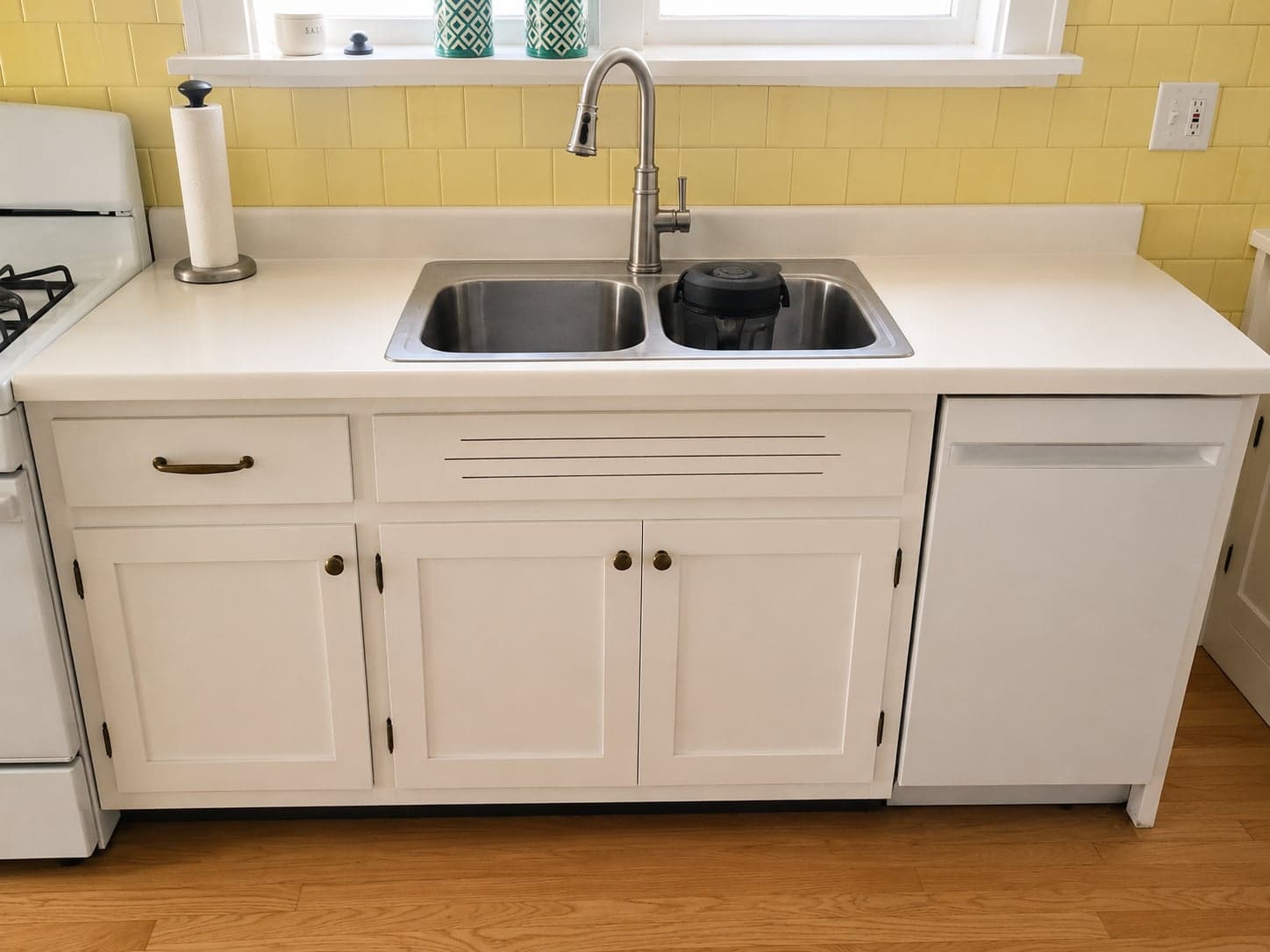 White Shaker Kitchen Cabinet Run w/ Laminate Top, Stainless Sink & Pull-Down Faucet