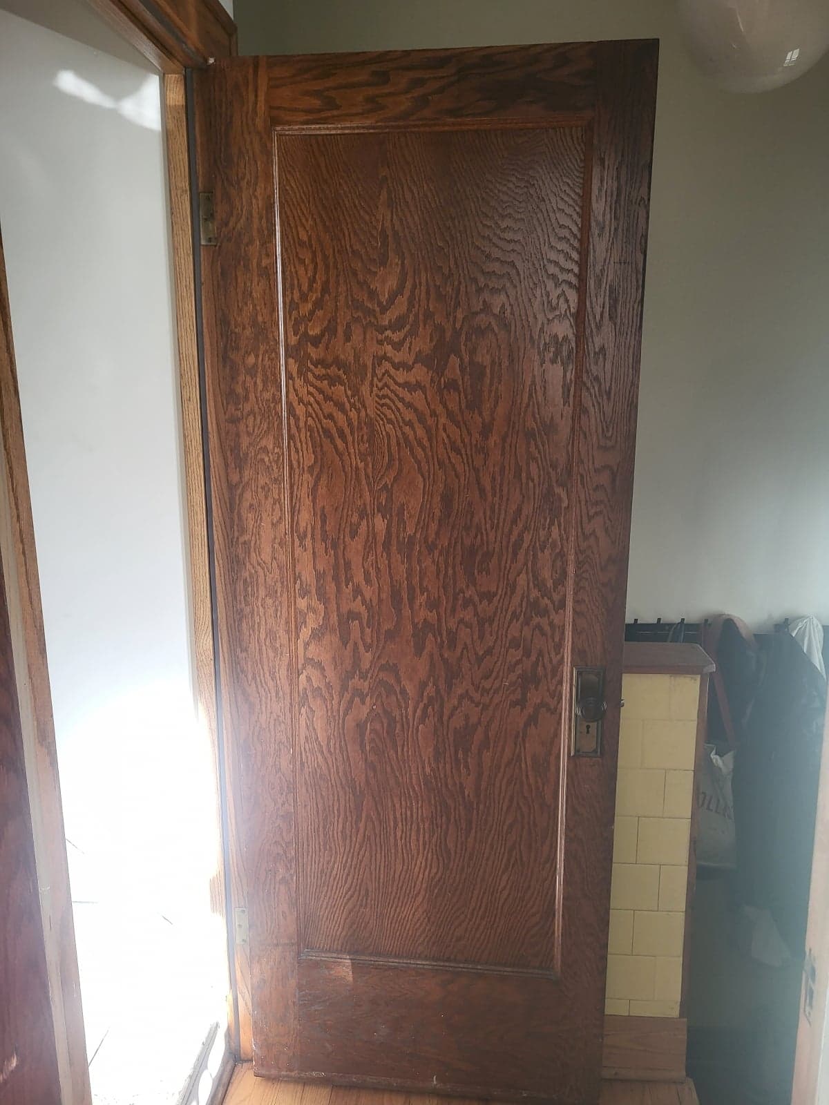 Vintage Solid Wood 1-Panel Interior Door, 28 x 80, Tiger Oak Finish w/ Mortise Lock
