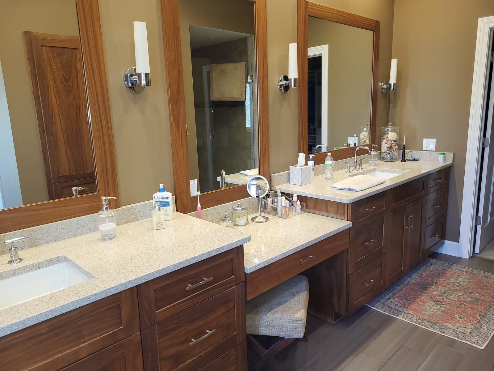 Walnut (1/2) custom 6' master bath vanity w/ quartz top, faucet and mirror