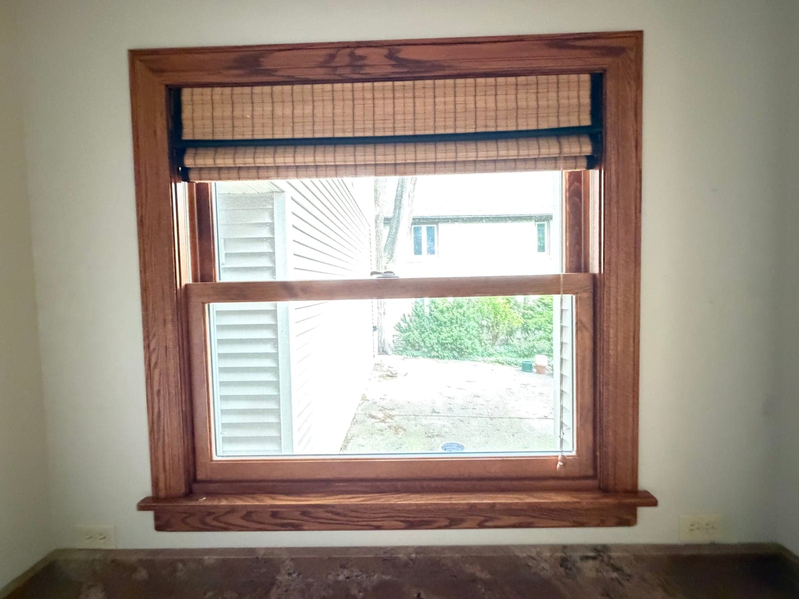Wood Interior Window with Custom Trim & Woven Roman Shade