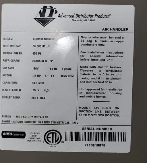 ADP - Air Handler, Mfr. 03/2013