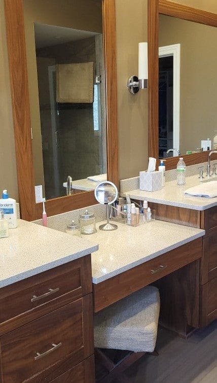 Walnut custom 3' makeup table, chair & mirror