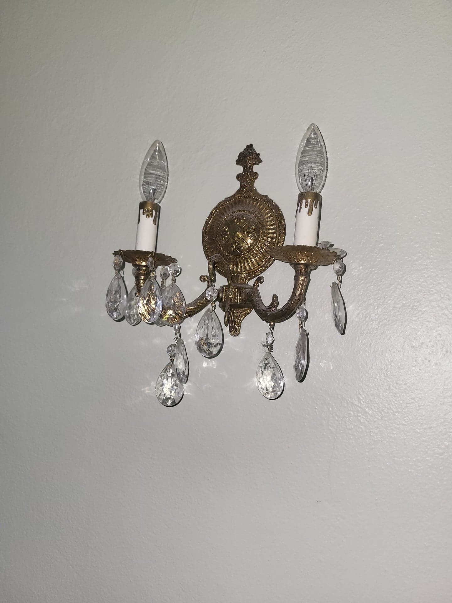 Vintage Brass 2-Arm Wall Sconce with Acrylic Crystals, Working - Set of 3+