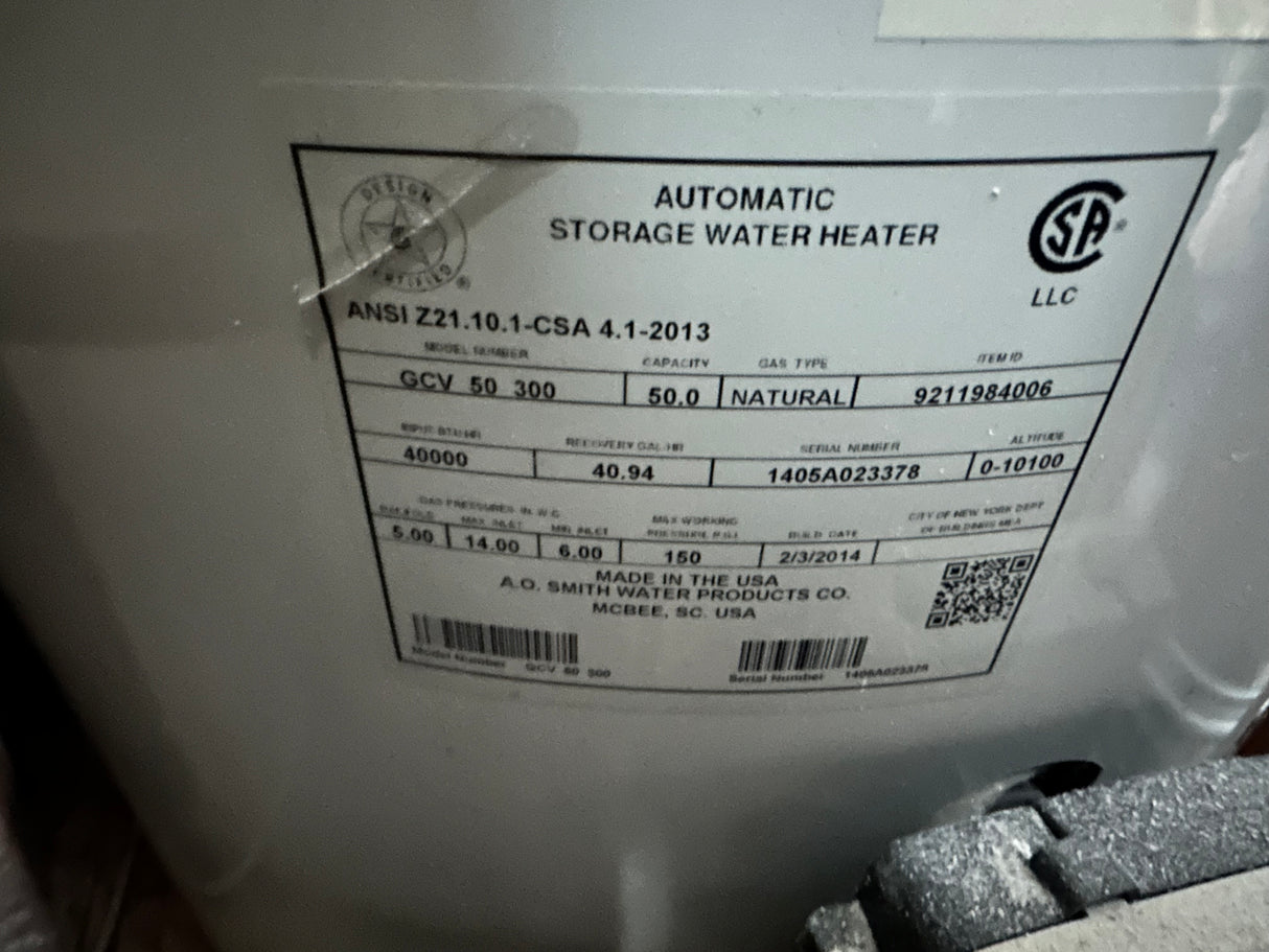 A.O. Smith 50-Gallon Natural Gas Water Heater – Working