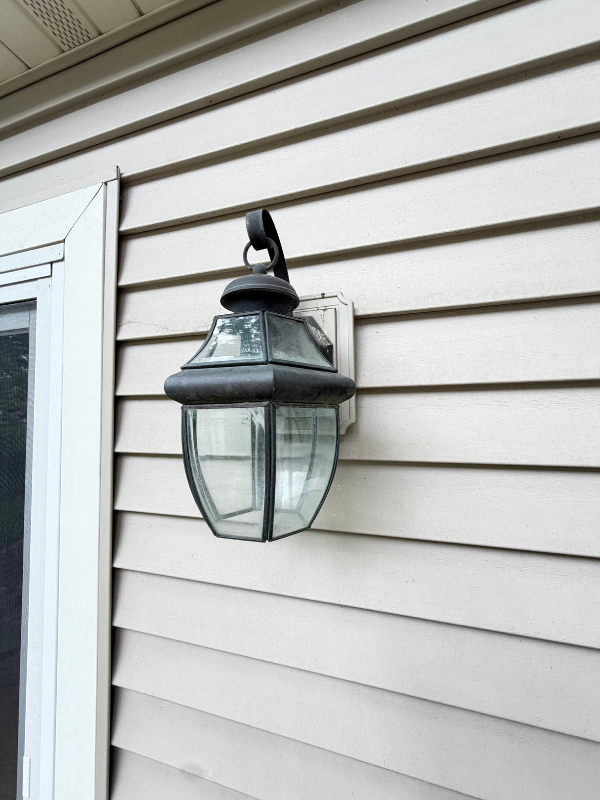 Colonial Outdoor Wall Lantern, Aged Silver, Beveled Glass, Used Good