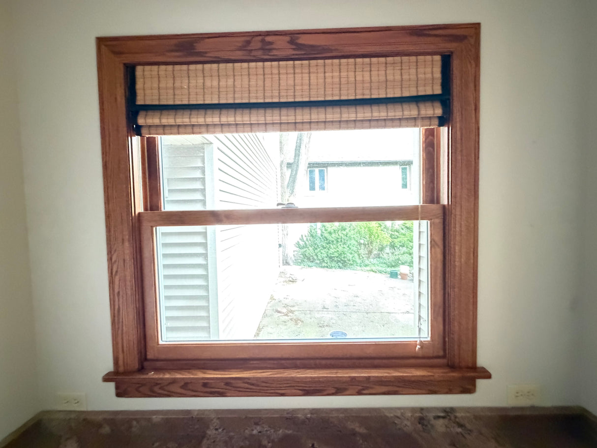 Wood Interior Window with Custom Trim & Woven Roman Shade