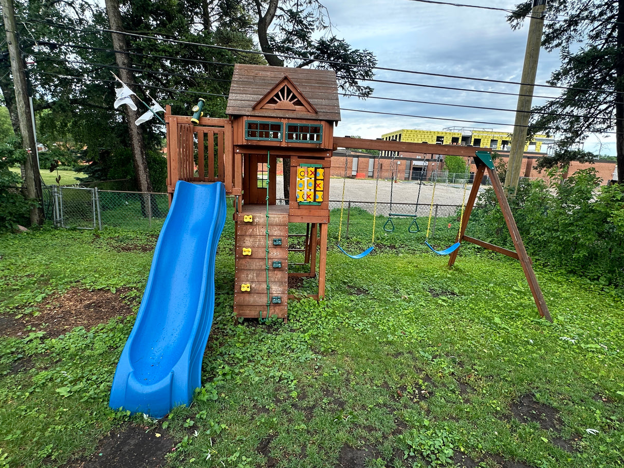 Wooden Playset with Slide, Swings, Climbing Wall & Fort
