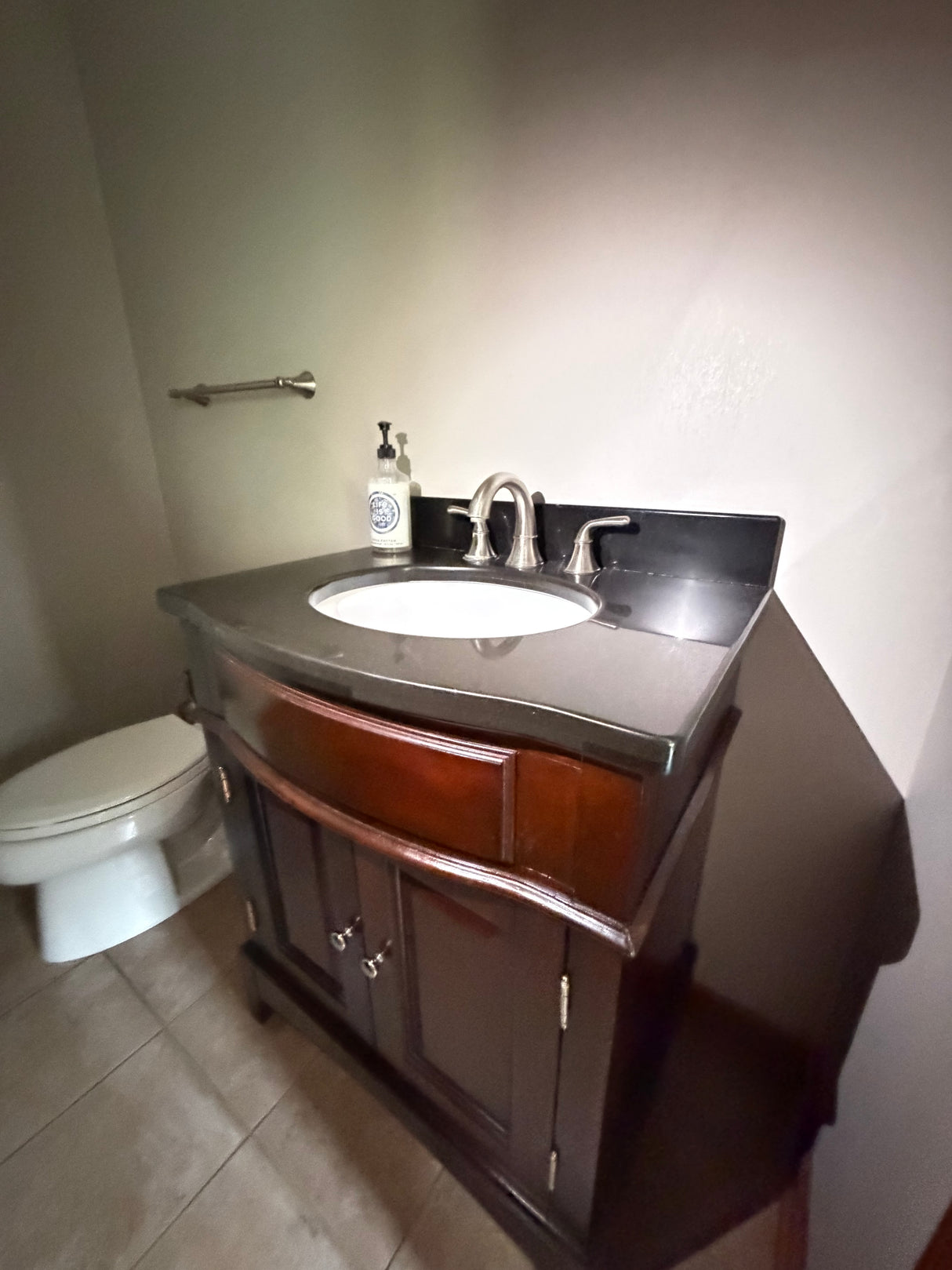 Cherry Wood Single-Sink Vanity, Black Granite Top, ~31in, Faucet Incl., Good