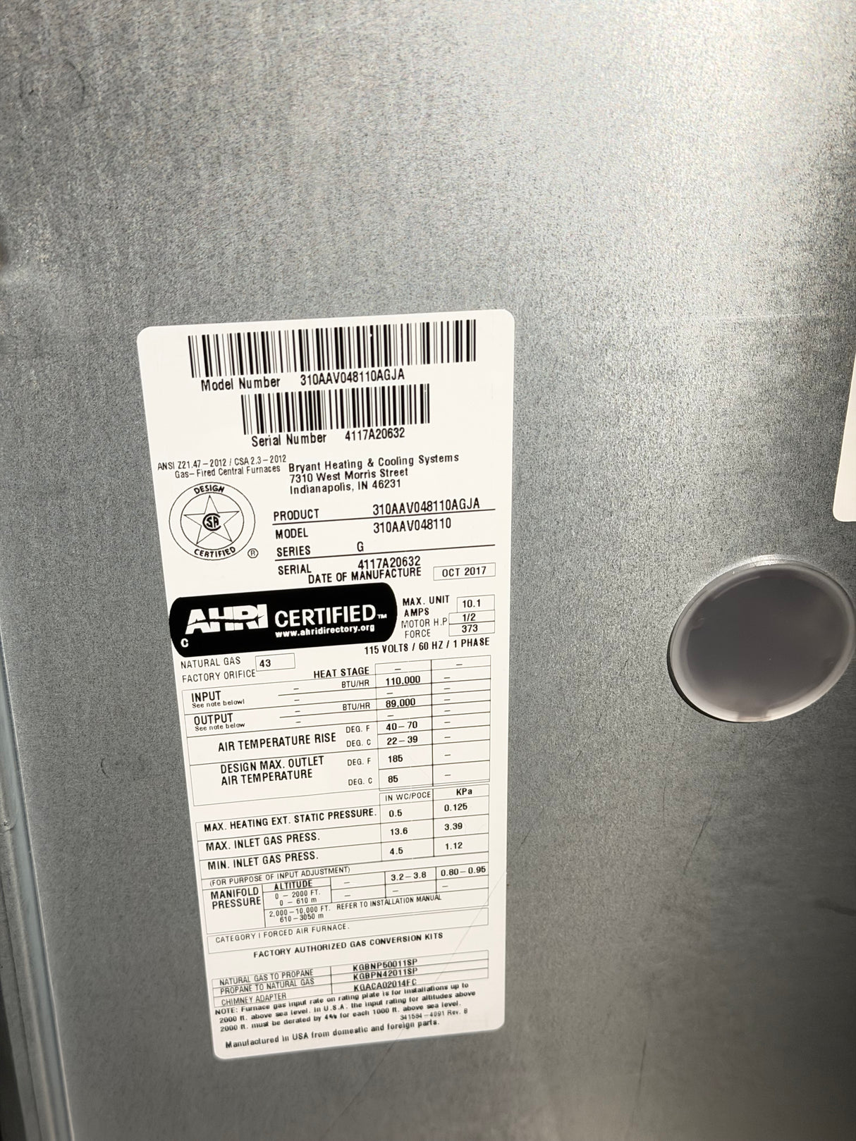 Bryant 110,000 BTU Natural Gas Furnace (2017)