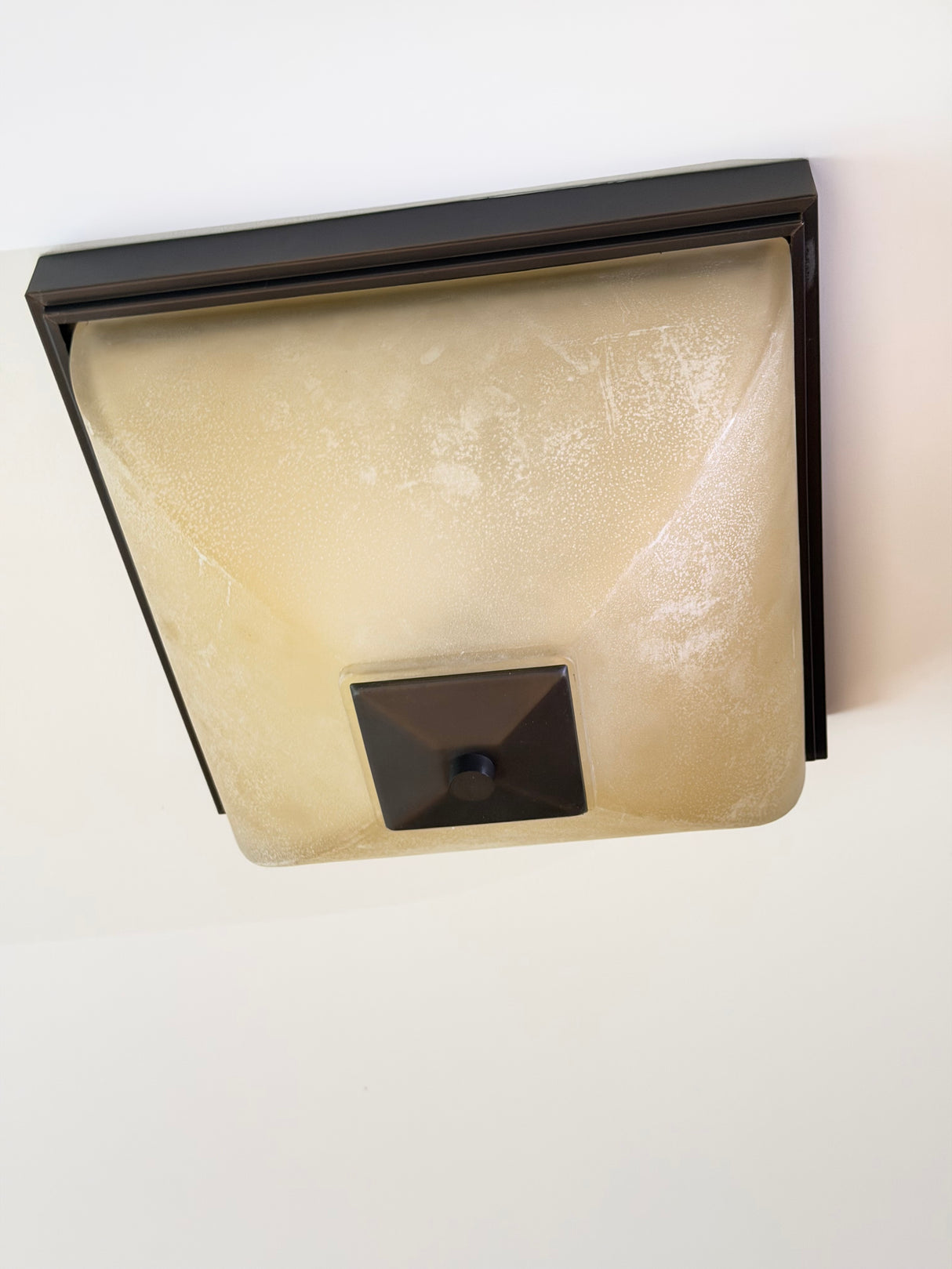Square Semi-Flush Ceiling Light, Bronze + Amber Scavo Glass, Used