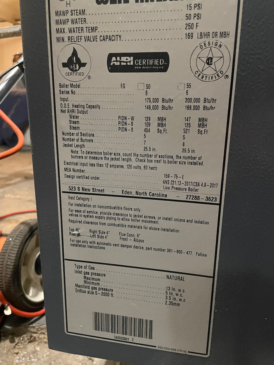 Weil-McLain EG-50 Series 6 natural gas steam boiler system 175,000 BTU input Installed 2023