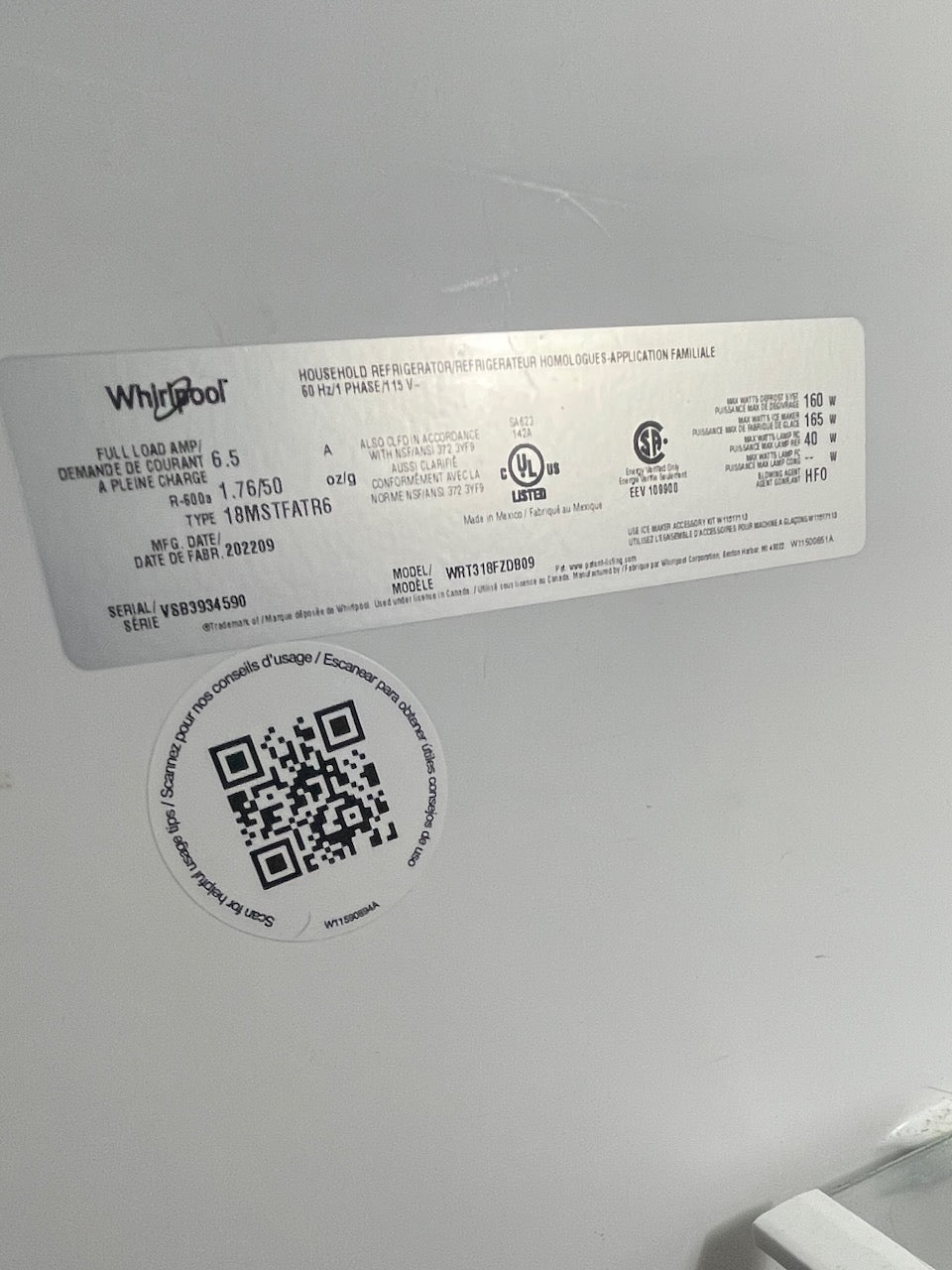 Black Whirlpool Refrigerator MFG 2022