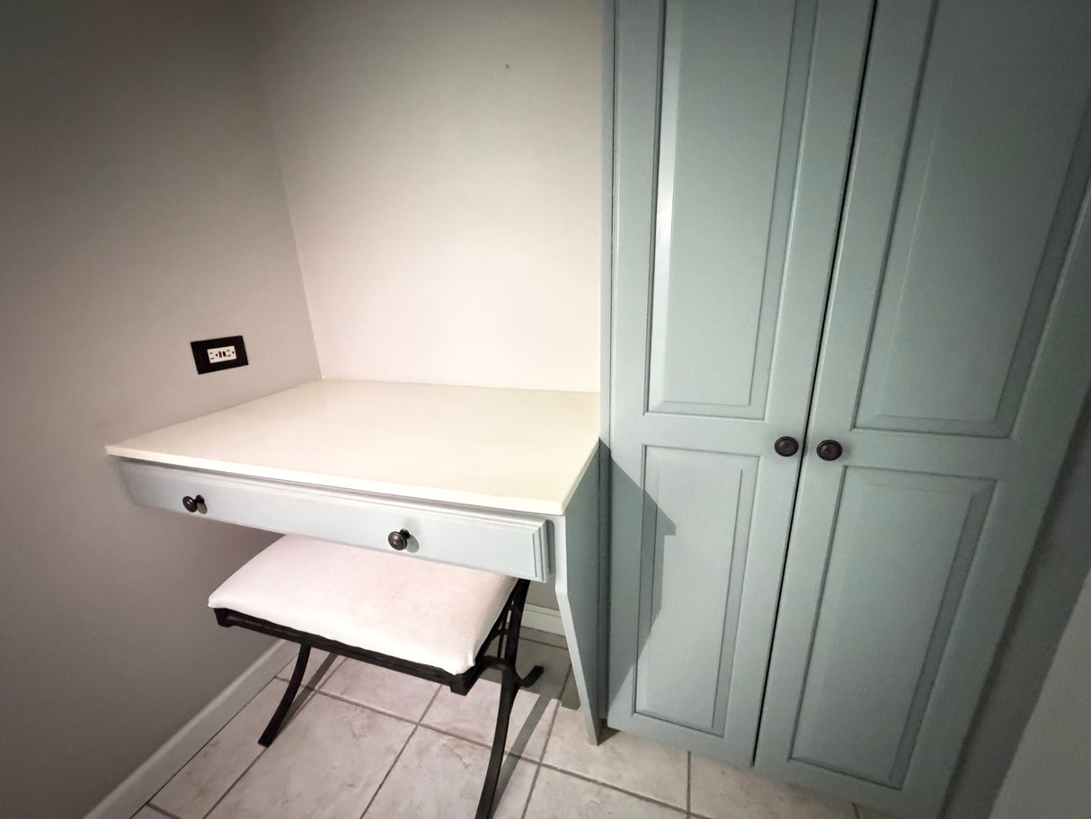 Custom Vanity Makeup Station Bundle with Storage Cabinet, Chair & Light Fixture