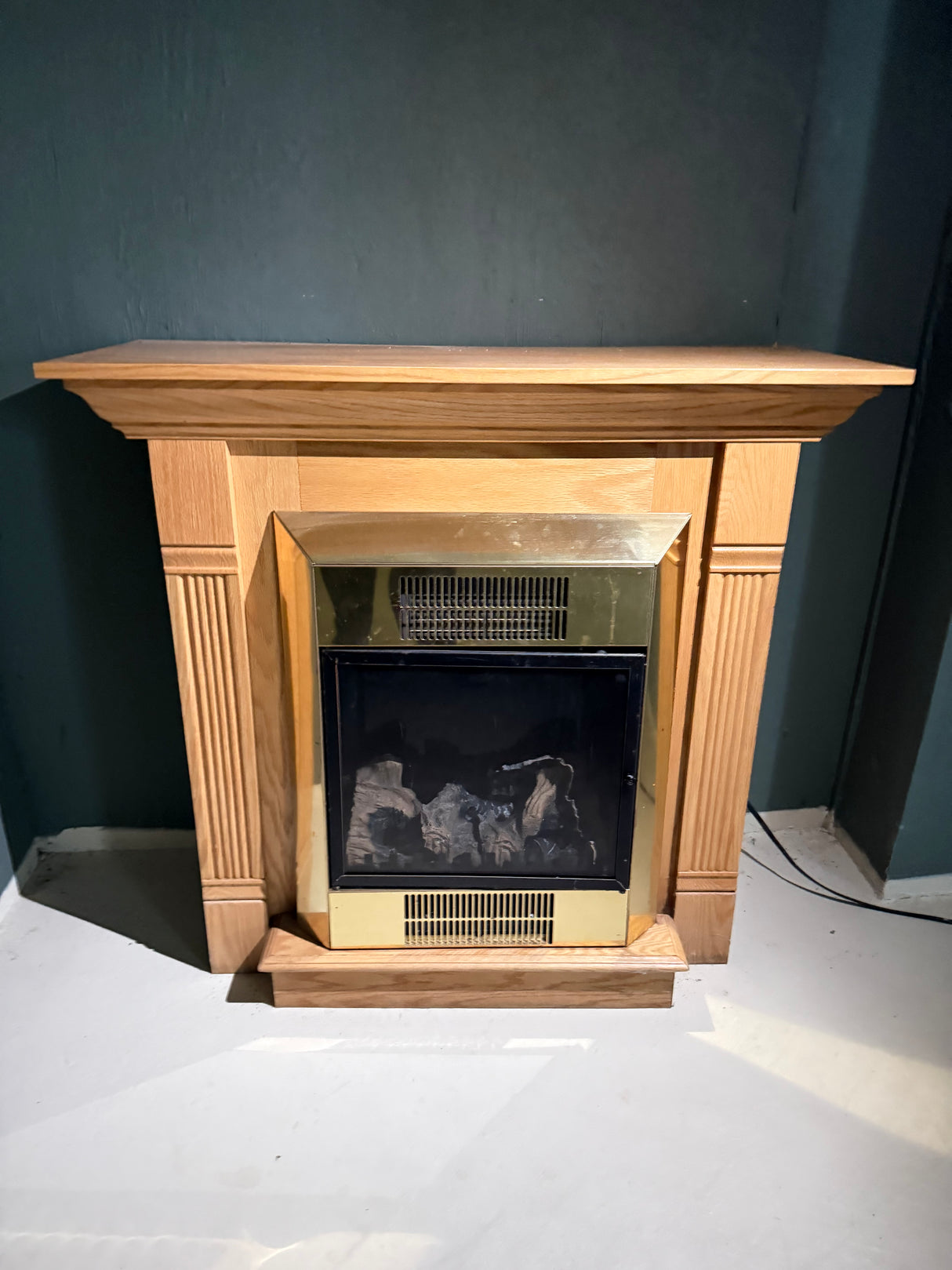 Oak Mantel Electric Fireplace, Brass Trim, Freestanding
