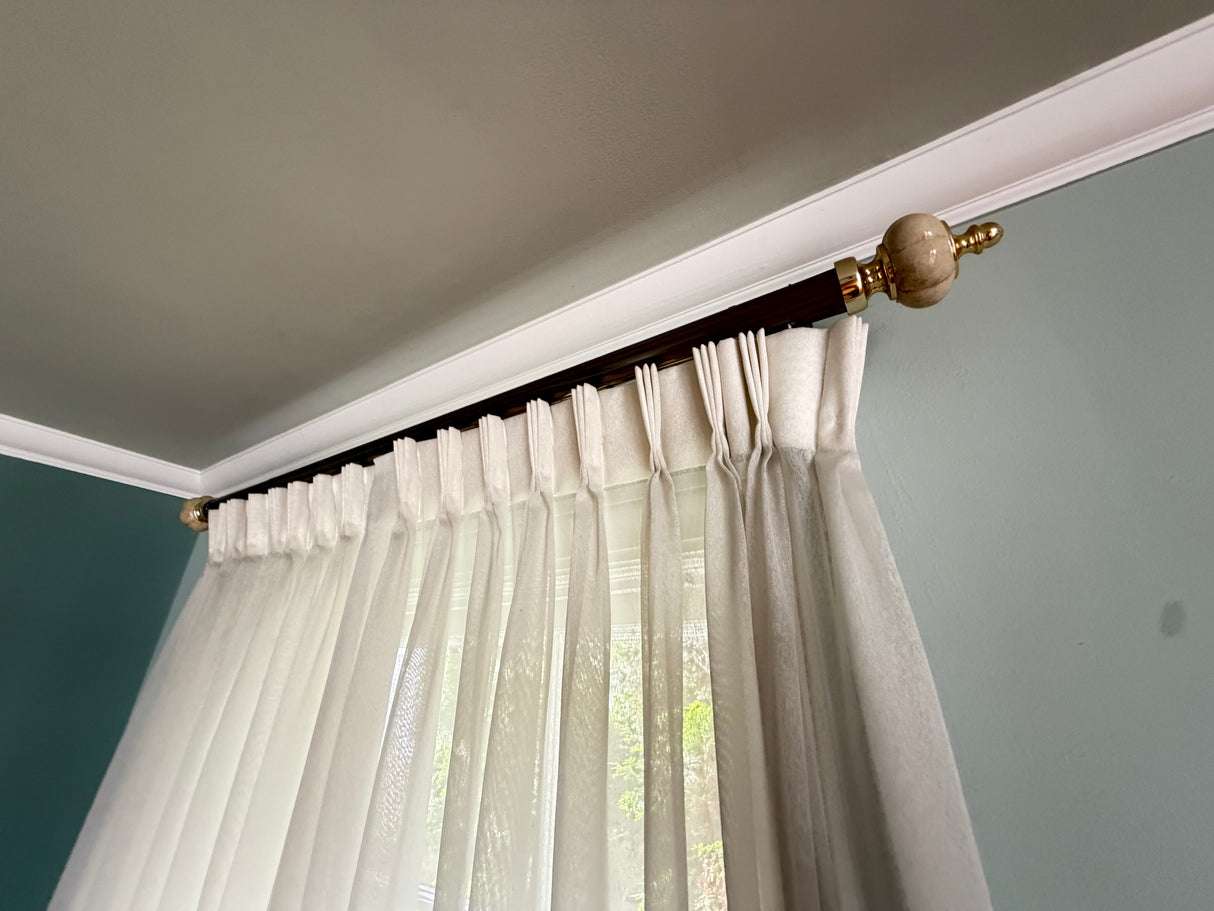 Pinch-Pleat Sheer Drapery Set, 2 Panels w/ Wood Rod & Brass/Marble